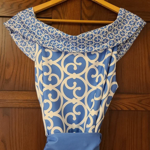 Gretchen Scott Heavens Gate Off Shoulder Belted Dress Blue White Size Large - Picture 6 of 7